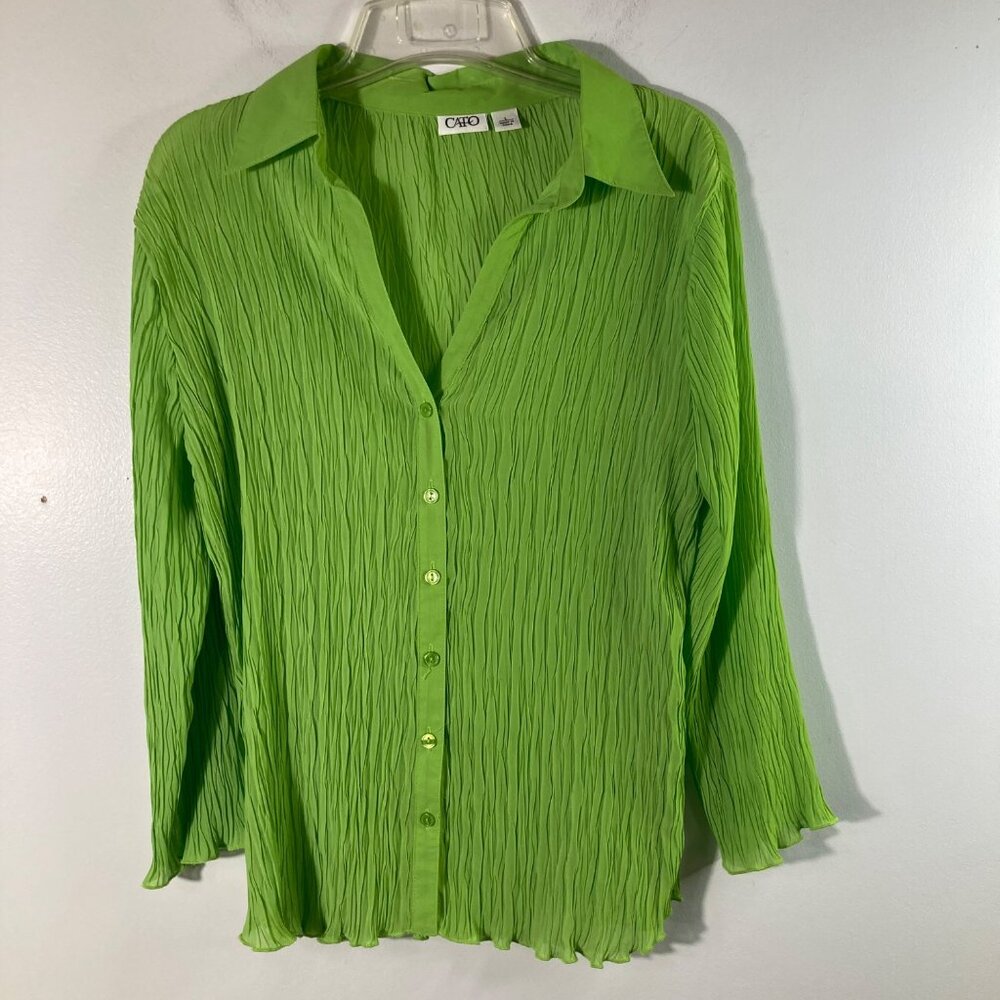 Womens Cato Crepey V Neck Button Shirt 3/4 Sleeve Green L Polyester